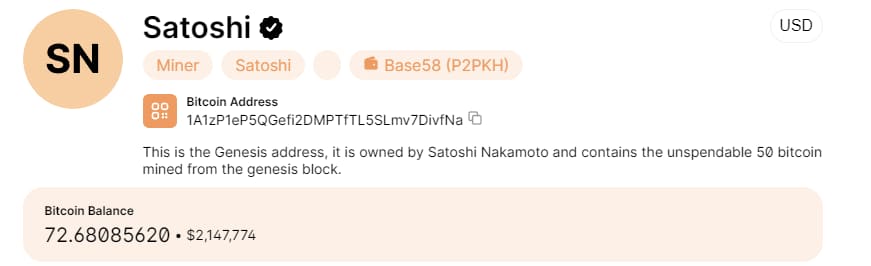 Η διεύθυνση γένεσης σε block explorer, σε στιγμιότυπο του 2023. Τα αρχικά 50 νομίσματα δεν ξοδεύονται ποτέ, και το υπόλοιπο πάνω από αυτά είναι πληρωμές φόρου τιμής που έχουν κολλήσει επίσης εκεί