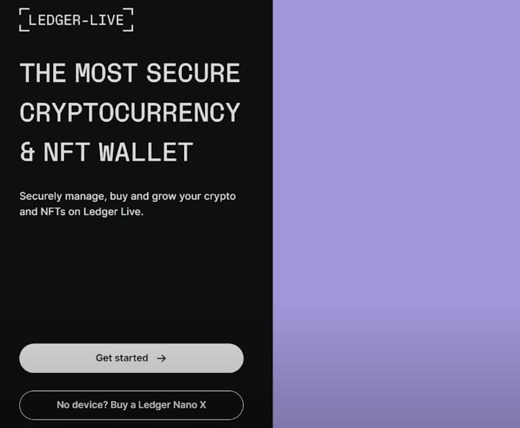 Η αρχική οθόνη του Ledger Live με το κουμπί Get started