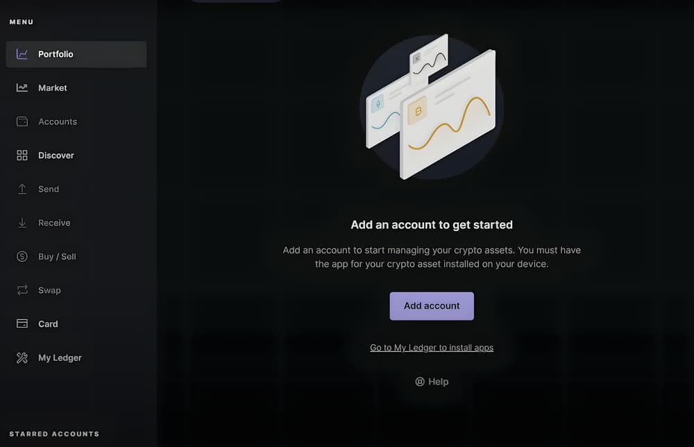 Η πρώτη οθόνη του Ledger Live: προσθέστε λογαριασμό για να ξεκινήσετε