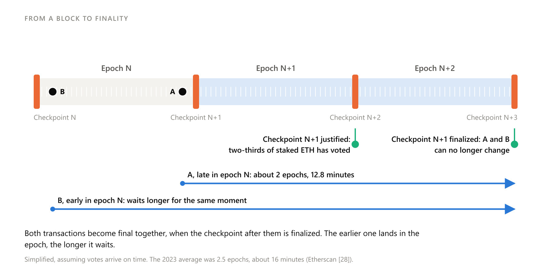 Time to finality depends on where the block falls within the epoch: the earlier a transaction lands in the epoch, the longer it waits for the next checkpoint.