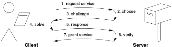 Challenge and response: the server sets the puzzle, the client solves it, the server verifies before granting the service