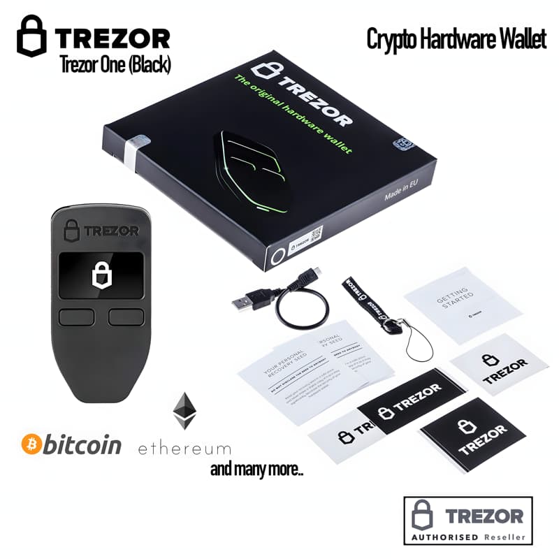 Η συσκευασία του Trezor Model One: η συσκευή, το καλώδιο USB, το κορδόνι, οι κάρτες για τις λέξεις ανάκτησης και τα αυτοκόλλητα