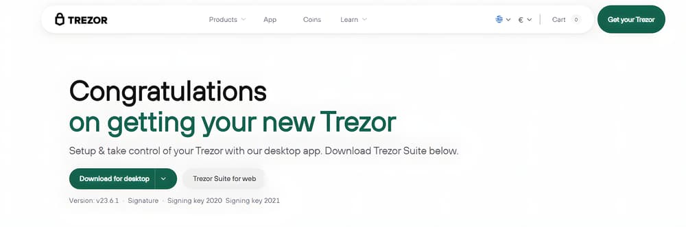 Η σελίδα λήψης του Trezor Suite στο trezor.io, με το κουμπί για την εφαρμογή υπολογιστή