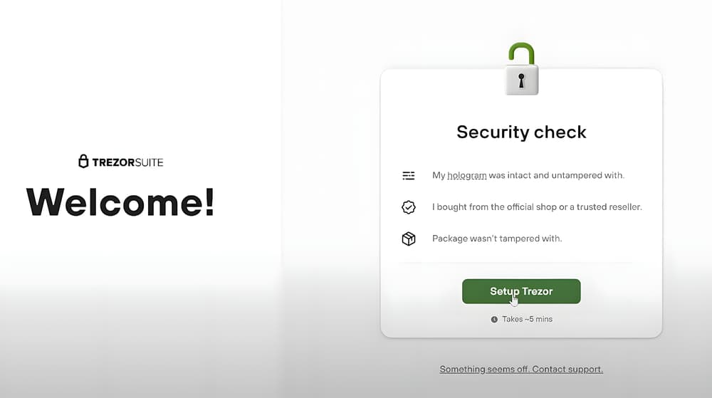 Η οθόνη υποδοχής του Trezor Suite με τον έλεγχο ασφαλείας: άθικτο ολόγραμμα, αγορά από επίσημο κατάστημα, ανέπαφη συσκευασία