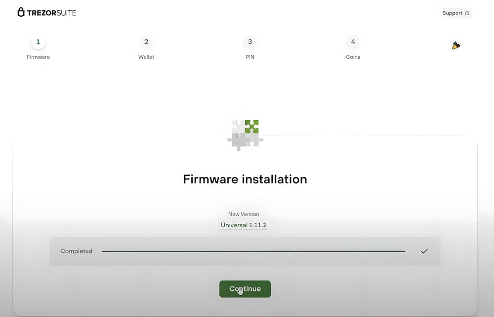 Η εγκατάσταση του firmware ολοκληρώθηκε, με το κουμπί Continue