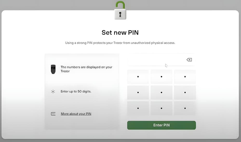 Το πλέγμα εισαγωγής PIN στο Trezor Suite: εννέα κουμπιά χωρίς αριθμούς, έως 50 ψηφία
