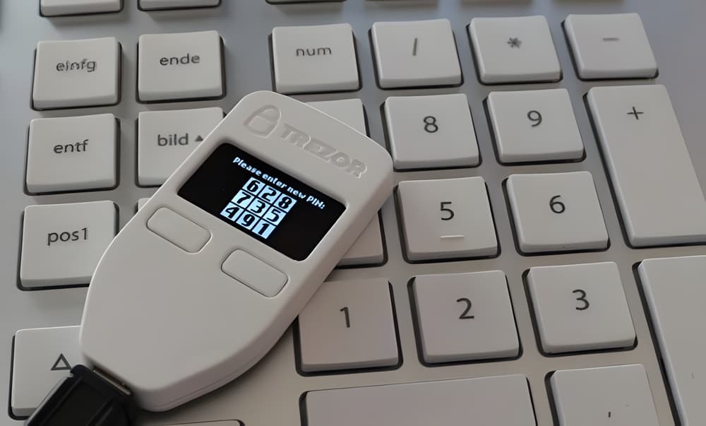 Ένα Trezor Model One δείχνει τους αριθμούς του PIN σε ανακατεμένη σειρά