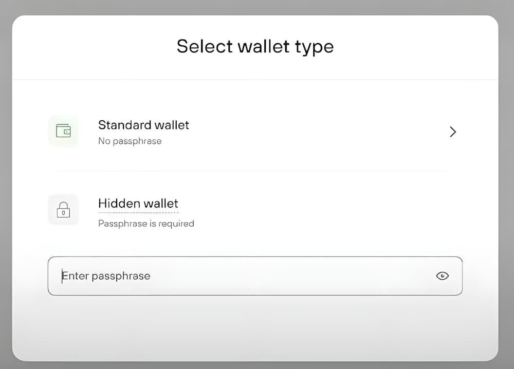 Επιλογή τύπου πορτοφολιού: Standard wallet χωρίς passphrase ή Hidden wallet με passphrase